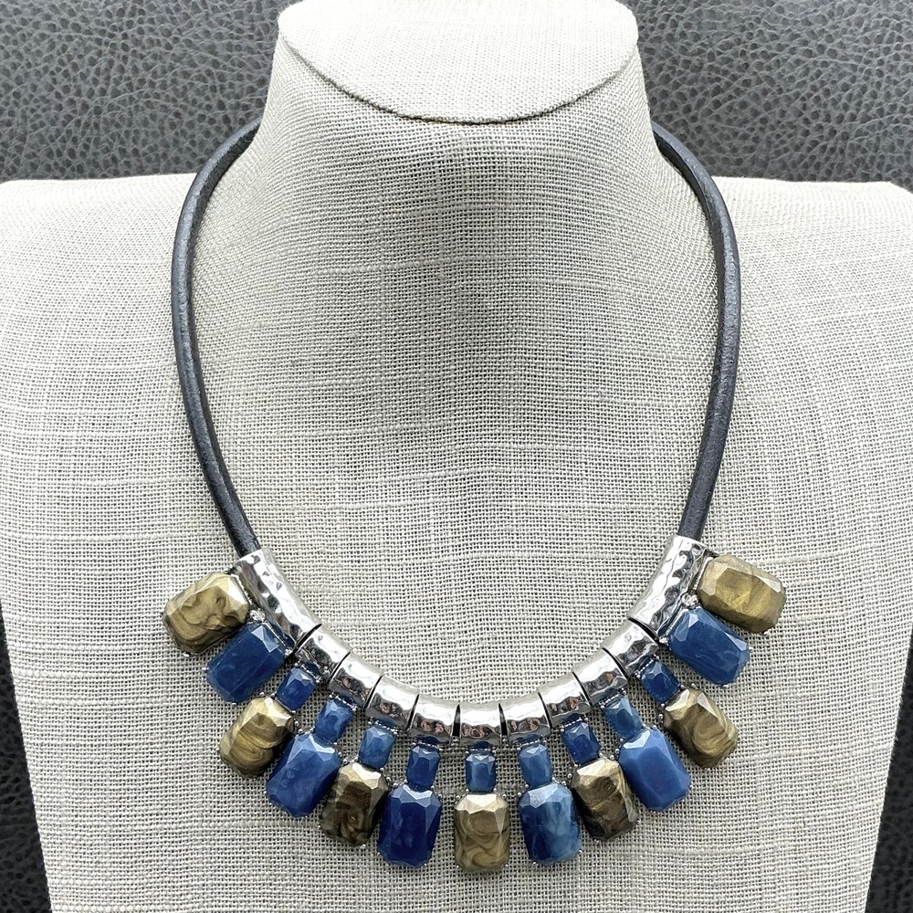 Ann Taylor Necklace Statement Bib Womens Blue Gold Resin Leather Cord 16 Inch